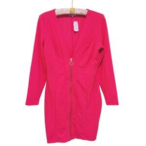 NWT Womens V-Neck Full Zip Mini Dress Large Pink Barbie Romantic Date Night